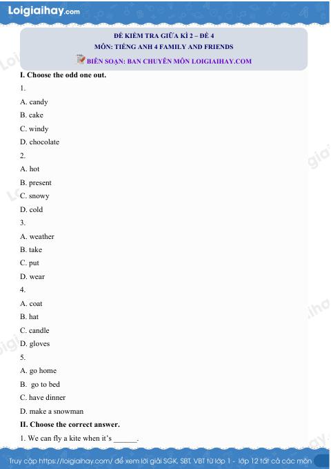 Đề thi giữa kì 2 Tiếng Anh 4 Family and Friends - Đề số 4